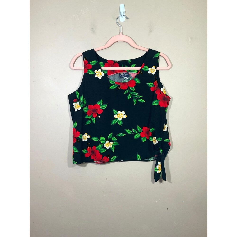 VTG Royal Creations Womens Sleeveless Hawaiian Shirt L Black Tropical Beach